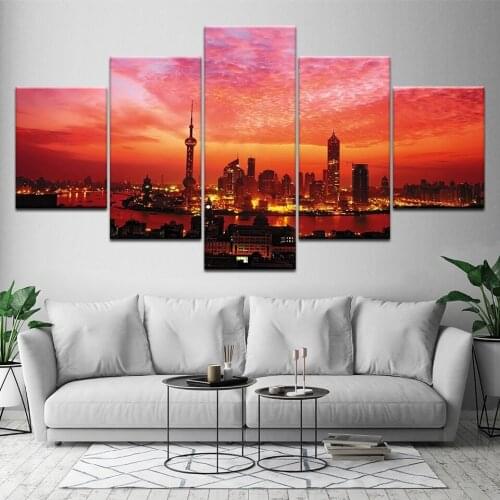 Canvas Painting Live Art Decor- Shanghai city at Night 5 Pieces Wall Art Painting Modular Wallpapers Poster Print Home Decor