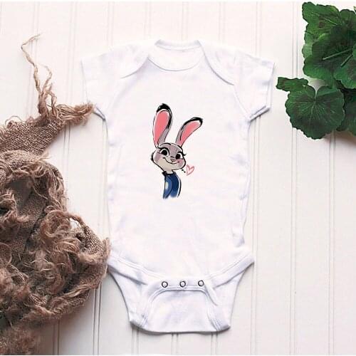 Spring and Summer Disney Zootopia White Round Neck Newborn Romper Judy the Rabbit Baby Bodysuits 0-24M
