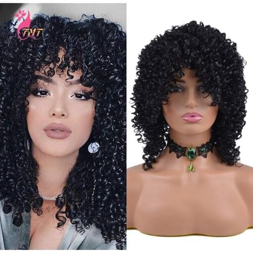 Short Synthetic Wigs Afro Kinky Curly Wig With Bangs Mixed Brown and Blonde Wig High Temperature Hair For Black Woman