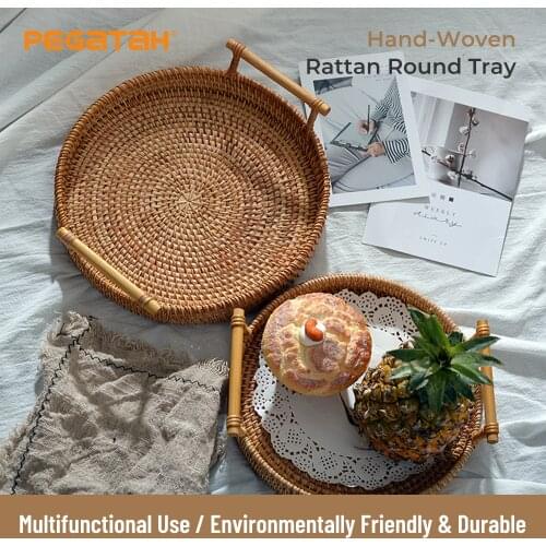 Rattan Handwoven Round Tray Nordic style rattan woven storage of the snack Drink fruit baking Coffee furniture round trays tea