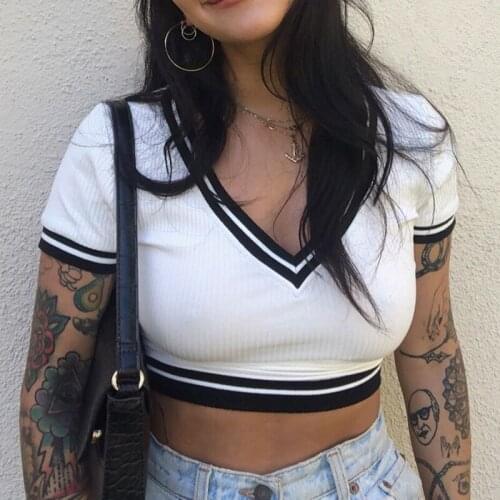 Summer Sexy Deep V Neck Short Sleeve T-shrit Patchwork Strips Ribbed Casual Crop Top Ladies T Shirt Women Fashion Tee Shirts