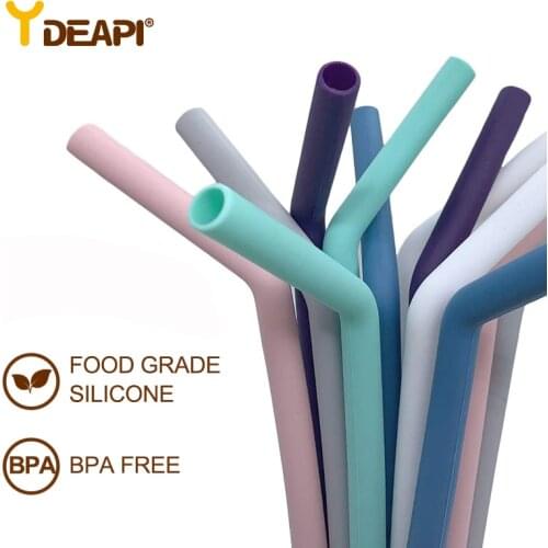 YDEAPI 4 pcs Reusable Food Grade Silicone Straws Bent Drinking Straw With Cleaning Brush Set Party Bar accessory