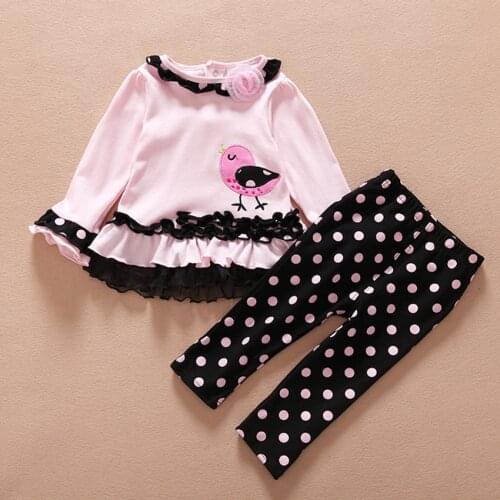Fashion Baby Girls Spring Clothes Kids Long Sleeve Bird Flower Shirt And Dot Pant Sets Girl Clothing Sets 0-2T Pink