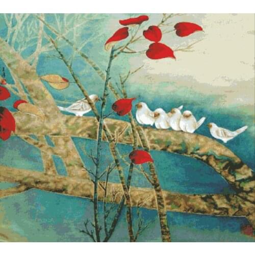 White birds and red leaves cross stitch kit aida 14ct 11ct count canvas cross stitches needlework embroidery DIY handmade