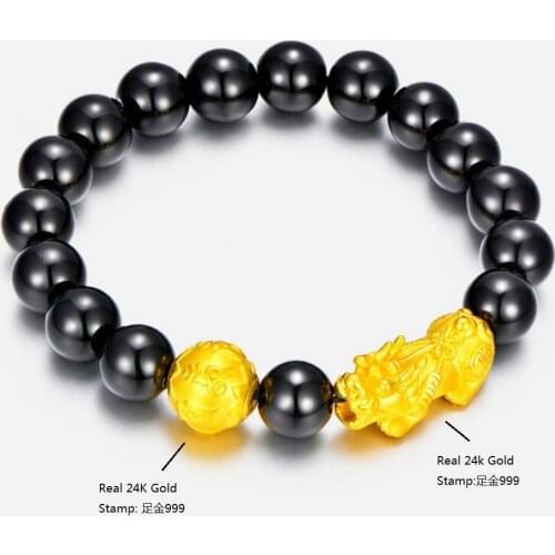 Genuine 24K Yellow Gold Bless-Wealth Pixiu Six-Letter Bead with Black Agate Bracelet Length from 5" to 15"