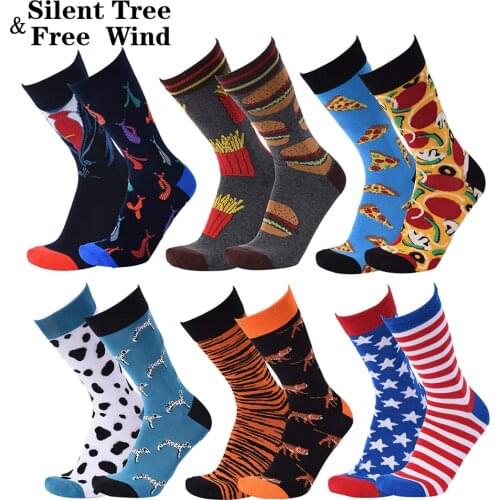 EU 42 - 46 Large Size Men Crew Socks Funny Harajuku Hamburger Egg Bacon Pizza Bee Tiger Dog Stripes Star Gift Wedding Long Socks