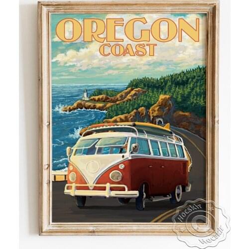 Oregon Coast Travel City Advertising Poster, Camper Van Cruising Vintage Art Canvas Painting, American Landscape Wall Picture