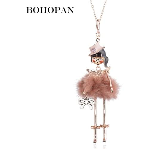 Lovely Metal Doll Necklace Women Girl Fur Dress Angle Doll Bow Handbag Gold Chain Fashion Statement Jewelry collier femme 2018