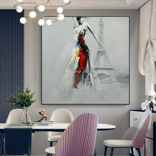 Mintura Handpainted Modern Abstract Oil Painting On Canvas Girl And Eiffel Towe Wall Art Picture For Living Room Home Decoration