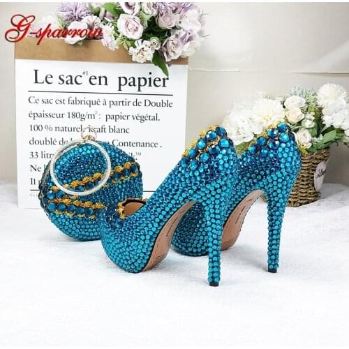 2020 14cm Stiletto High Heel Wedding Party Shoes Blue Rhinestone Anniversary Ceremony Shoes with Round Purse Bride Shoes Bag