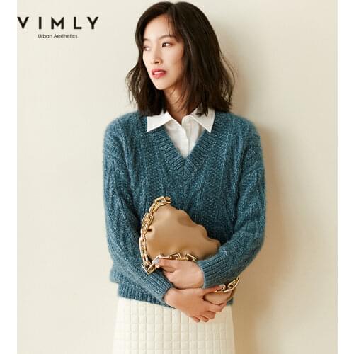 Vimly Winter Sweaters For Women Vintage V Neck Loose Solid Pullover Autumn Clothes Elegant Female Sweater Tops F3996