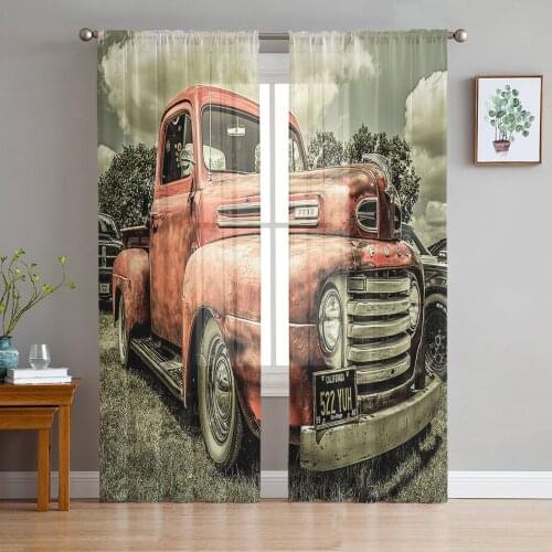 Farm Retro Antique Car Sheer Curtains for Living Room Bedroom Kitchen Chiffon Tulle Curtains Home Hotel Coffee Decor