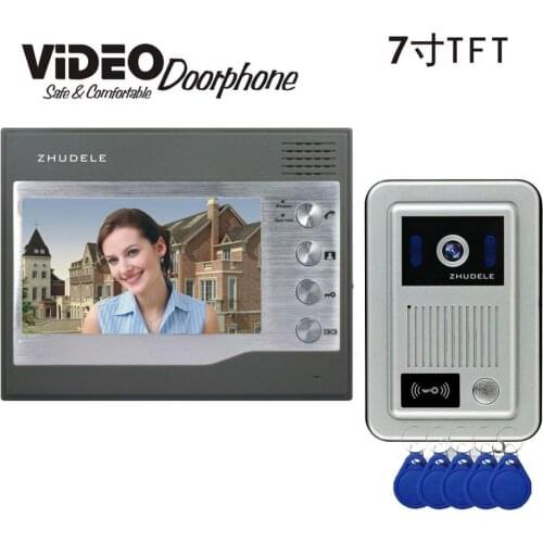 ZHUDELE Top Quality Home Security 7"Video Door Phone Intercom Doorbell+700TVL HD Camera ID Card Unlock with Waterproof Cover 1V1