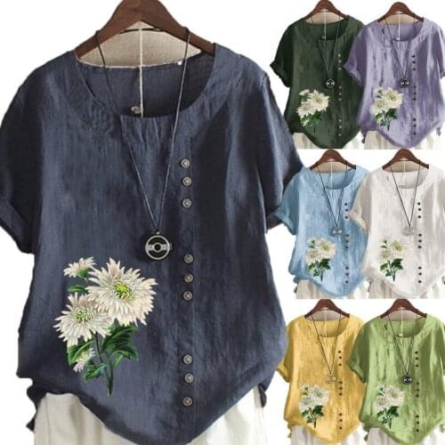 New Womens Fashion Linen Shirt Printed T-shirt Summer Short Sleeve Top O-neck Loose Top S-5XL