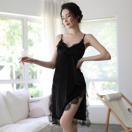 Womens Black Velvet Lace Strap Dress Female V-neck Backless Tank Slim Fit Long Nightdress Slits Open Lace Stitching Nightwear