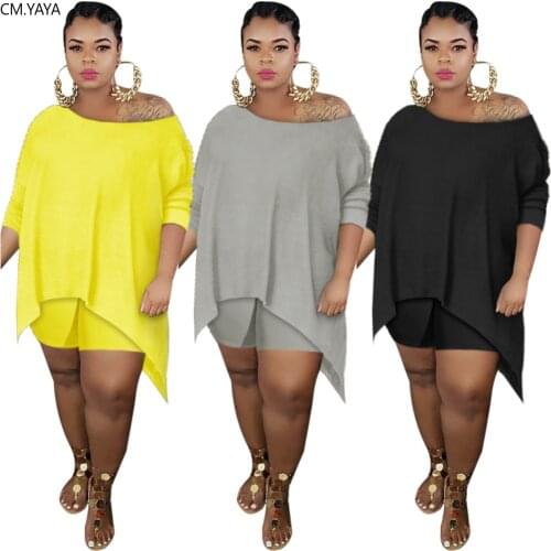 CM.YAYA Plus Size S-4XL Womens Set Off Shoulder T-shirt Shorts Jogger Pants Tracksuit Matching Set Two Piece Set Fitness Outfit