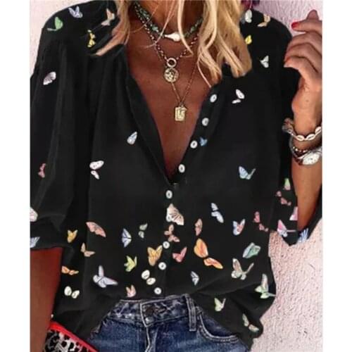 2021 Summer Tops Women Tops Shirts Ladies Casual V-Neck Long Sleeve Female Top Butterfly Print Buttons Shirt For Women 5 Color