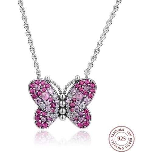 Genuine 925 Sterling Silver Necklace Dazzling Pink Butterfly Pendant Necklaces for Women Fine Jewelry Gift Bijoux