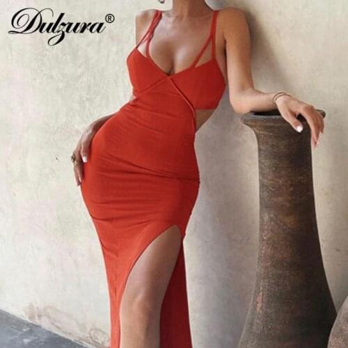 Lygens Hollow Out Patchwork Women Strap Maxi Dress Side Slit V Neck Bodycon Sexy Streetwear Elegant Party Club 2021 Summer