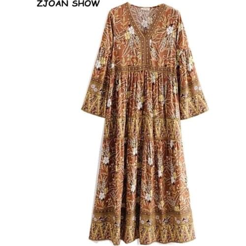 2019 Bohemia V neck Orange Leaves Floral print Dress Ethnic Woman Flare Long Sleeve Stitching Pleated Hem Dresses Holiday Beach