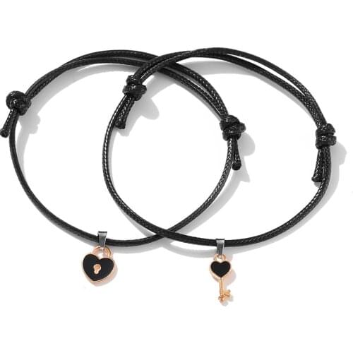 1 Pair Couple Bracelet for Women Key Heart Lock Leather Cord Braided Chain Bracelet Handmade Lovers Woven Men Braid Rope Jewelry