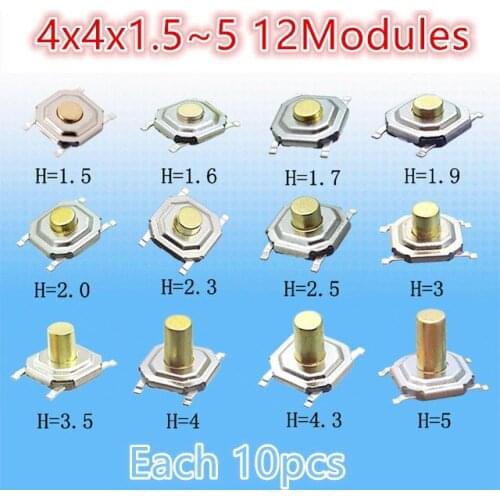 120pcs Assorted Micro Tactile Push Button Touch Tact Waterproof Switch Kit 4x4x1.5~5 SMD 4 Pin LCD Monitor Repair SMT 4*4*1.5