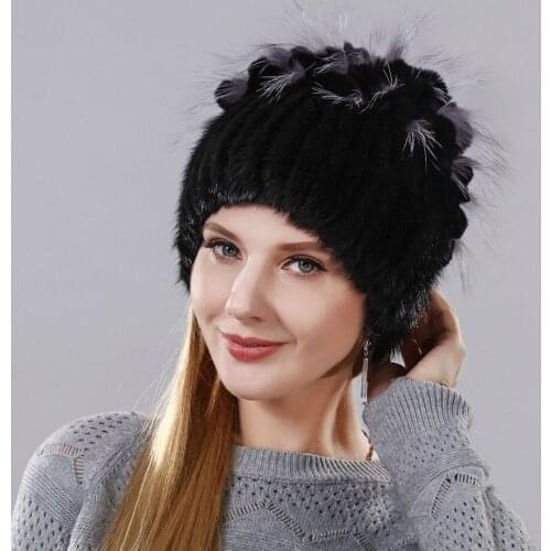 2018 Fashion Winter Warm Women Knitting Real Mink Vertical Weaving Hat Hot Sale Rabbit Fur Mix With Fox Fur Cap Like Corn Ear