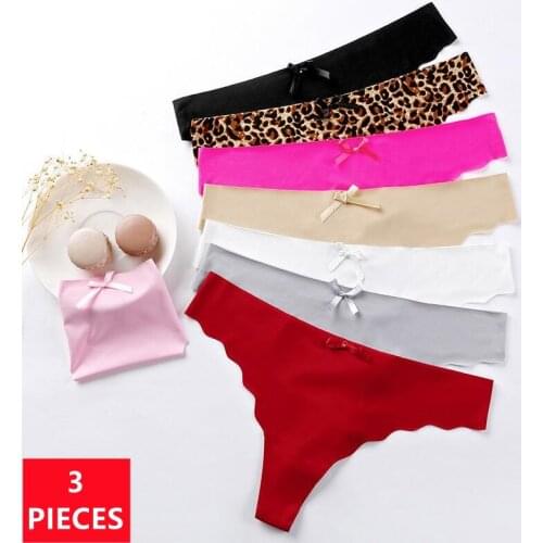 3Pcs Sexy Seamless Womens G-String Underwear Solid Color Bikini Ice Silk Panties Transparent Low-Waist Thong Briefs Female Tang