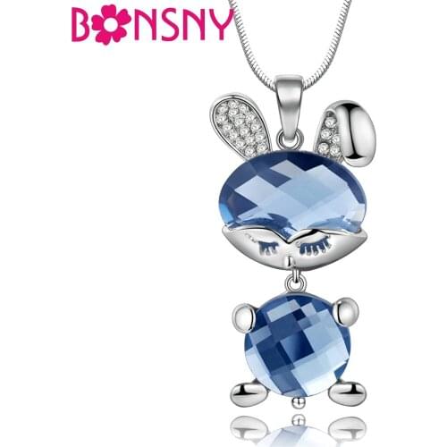 Bonsny Alloy Opal Sleeping Rabbit Necklace Crystal Rhinestone Pendant Chain Choker Animal Novelty Jewelry For Women Girls Teens