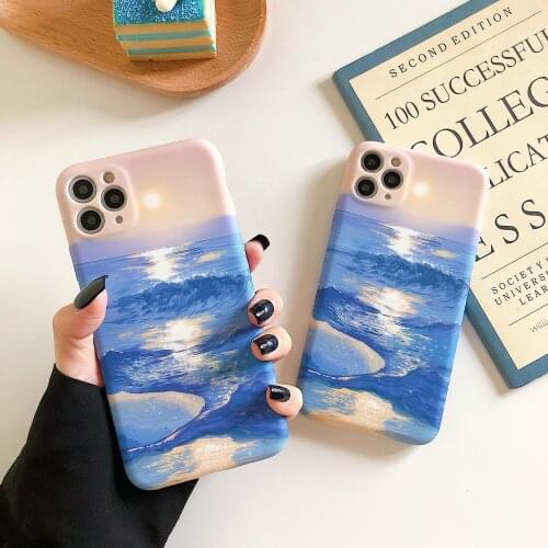 Art painting sea wave sunset case for iPhone 11 Pro Max Phone case anime Cute soft cover for iPhone XS XR X 7 8 Plus 7Plus Case