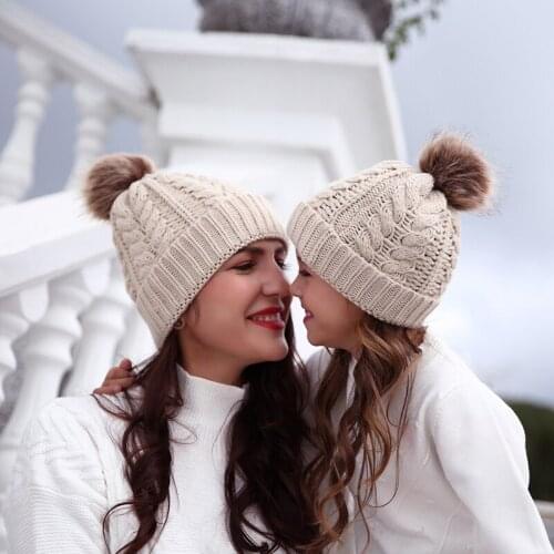 WeMe Kids Woolen Yarn Hats with Faux Fur Pom Ball Warm Knitted Beanie for Baby and Parent