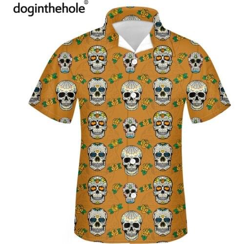Doginthehole Mens Fashion Skull Hawaii Shirt Funny Sugar Skeleton Floral Pattern Summer Casual Short Sleeve Tops Breathable