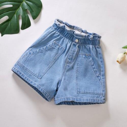FOCUSNORM 2-13Y Summer Casual Kids Girls Denim Shorts Elastic Button High Waist Solid Trousers