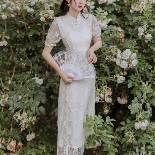 French Girls Can Wear Modified Cheongsam Lace Dress Sweet and Thin Young Super Fairy Dress Summer