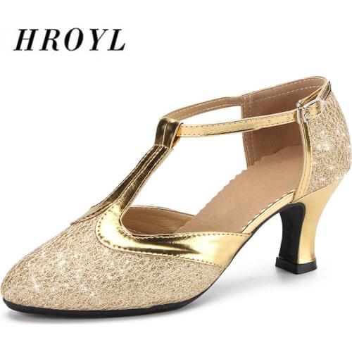 HROYL Hot-selling Modern Latin Dance Shoes For Women/Ladies/Girls Latin Tango Ballroom soft Sequins dance shoes Heels 3.5-6.5CM