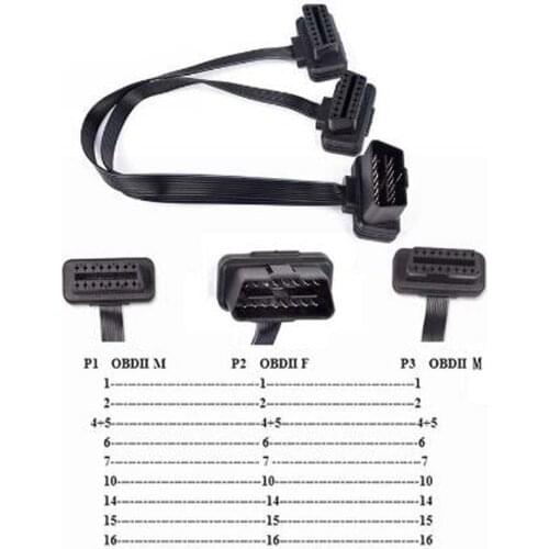 Flat+Thin As Noodle OBD2 16 Pin ELM327 Male To dual Female Y Splitter Elbow Auto Scan Extension Cable Adapter for elm 327