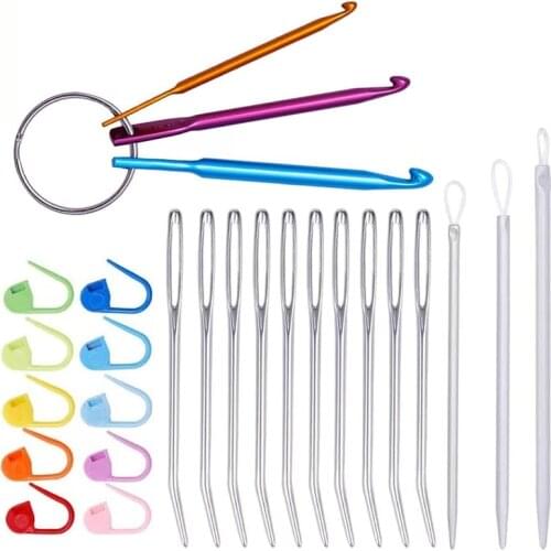 KAOBUY 26PCS Keychain Aluminum Crochet Hooks Knitting Needles Tool Include Tapestry Needle Stitch Markers Wool Needles