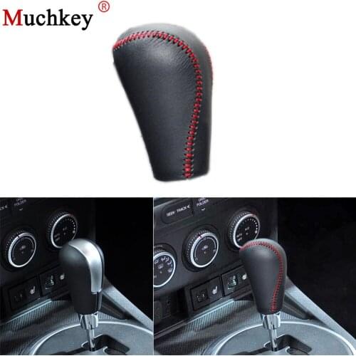 Leather Gear Shift Knob Cover For Mazda Genuine Hand Sewing Black Leather Black Red Thread Car Accessories Car Styling 1Pcs AT