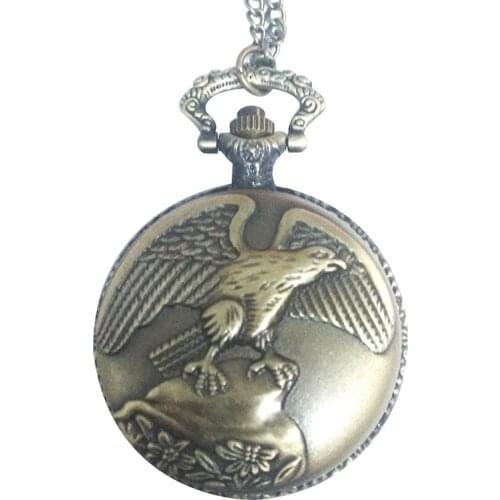 Bronze Vintage Dapeng Wings Classic White Face Quartz Pocket Watch Flip Eagle with Necklace