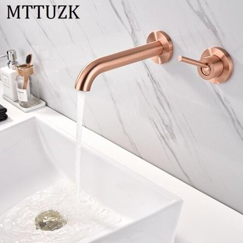 MTTUZK Brass Brushed Rose Gold Basin Faucet Wall Mounted Hot & Cold mixer Tap Single Handle 2 Holes Basin Sink Faucet Torneira