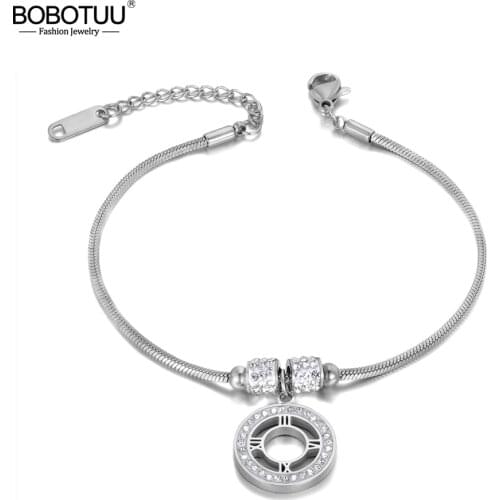 BOBOTUU Bohemia Trendy CZ Crystal Roman Numerals Charm Bracelets Jewelry For Women Rose Gold Stainless Steel Bracelet BB19097