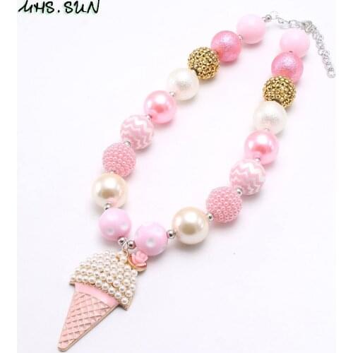 MHS.SUN Girls Cute Ice Cream Pendant Necklace Baby Kids Pink Chunky Beads Necklace Bubblegum Jewelry For Party Gift New