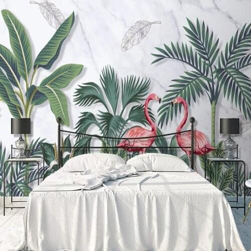 Milofi custom 3D wallpaper mural European hand-painted tropical plant leaf couple flamingo living room background wall home deco