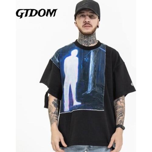 GTDOM Man 2021 Spring Summer New Casual T-Shirt Cotton Fashion Patchwork Hole Print Floral Short Sleeve O-Neck Loose T-Shirts