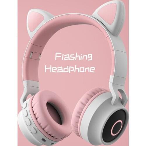 Cute Cartoon Cat Headsets Wireless Bluetooth 5.0 Gaming Headphones for Music Listening LED Flash Headset for Women Girls Student