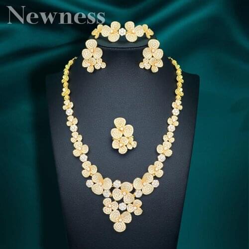Newness Delicate Geometry Luxury Flower 4pcs African Cubic Zircon CZ Nigerian Jewelry sets For Women Wedding Dubai Gold Bridal
