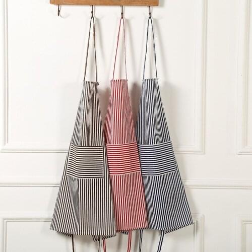 30pcs Striped Cotton Linen Apron Adjustable Kitchen Cooking Apron Unisex with Pockets Baking Cleaning Tool WB230