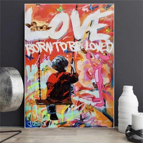 Boy Play on A Swing And Pink Panther Poster Painting Modern Street Graffiti Art Love Canvas Print Wall Picture Room Decoration