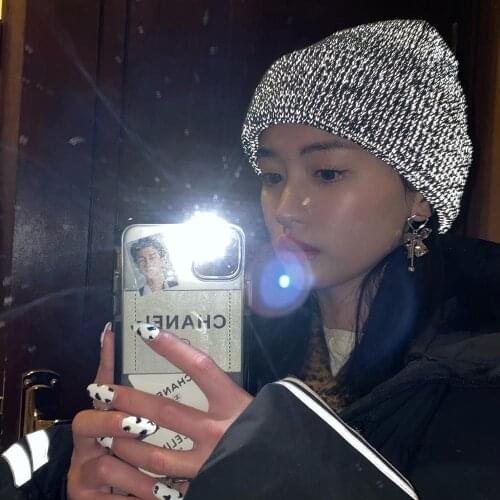 Warm Womens Reflective Beanie Hat Black Grey Fluorescent Green Winter Autumn Knitted Hat Gorras