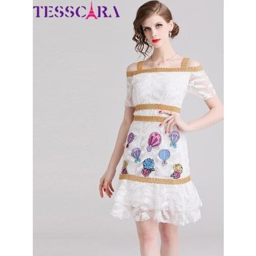 TESSCARA Women Luxury Embroidery Lace Dress Festa High Quality Lady Cocktail Party Robe Elegant Trumprt Designer White Vestidos
